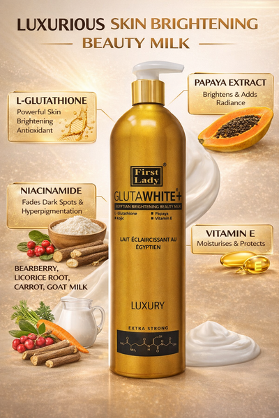 First Lady Glutawhite Gold Egyptian Brightening Lotion 500ml | Glutathione, Niacinamide, Papaya & Vitamin E for Radiant Even Skin | Skin lightening, moisturising & hair treatments First Lady Glutawhite Gold Egyptian Brightening Lotion 500ml | Glutathione, Niacinamide, Papaya & Vitamin E for Radiant Even Skin | Skin lightening, moisturising & hair treatments
