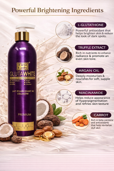 First Lady Glutawhite Collagen Skin Brightening Lotion 500ml | Hydrating Glow Body Lotion with Glutathione, Niacinamide, Argan & Coconut Oil | Skin lightening, moisturising & hair treatments First Lady Glutawhite Collagen Skin Brightening Lotion 500ml | Hydrating Glow Body Lotion with Glutathione, Niacinamide, Argan & Coconut Oil | Skin lightening, moisturising & hair treatments