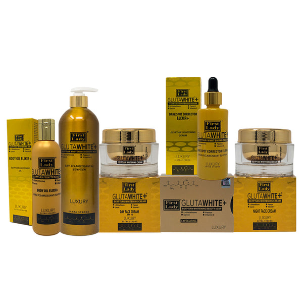 First Lady GW Glutathione Egyptian Gold Beauty Set for face & body – 6 Piece Collection With Niacinamide, Papaya, Carrot, Goat Milk & Vitamin E