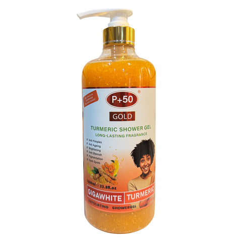 P+50 GOLD Turmeric Brightening Exfoliating Shower Gel Scrub 1000ml bottle