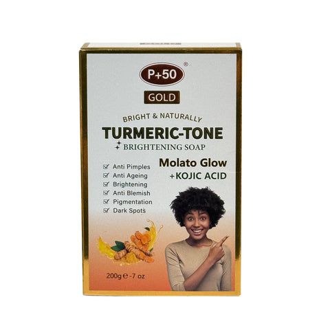 P+50 Turmeric-Tone Brightening Soap with Kojic Acid for  face & Body
 200g