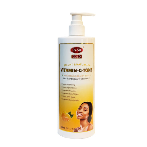 P+50 GOLD body lotion with vitamin C, kojic acid and niacinamide body designed to lighten dark spots and brighten.