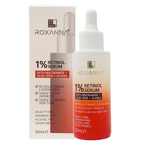 Roxanna 1% Retinol Face Serum with Niacinamide + Aloe Vera + Jojoba.