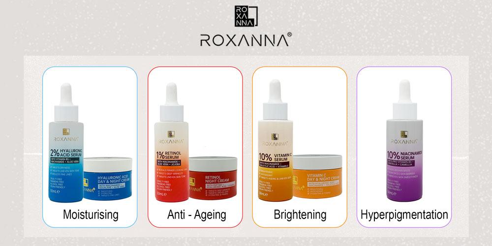ROXANNA FACE CREAM AND FACE SERUM, HYALURONIC ACID, RETINOL, VITAMIN C, NIACINAMIDE